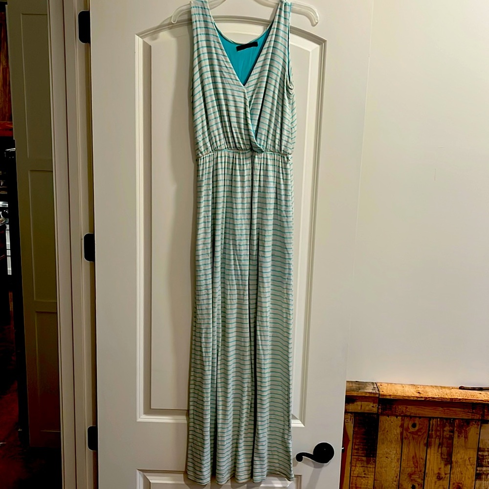 Taupe and teal striped v-neck dress